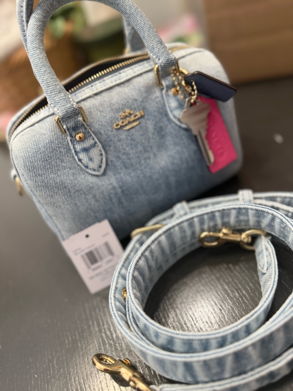 Coach Mini Rowan Crossbody Bag In Loved Denim With Charms - Picture 4 of 13